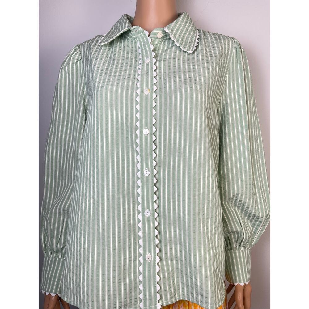 Entro sage green striped blouse L scalloped collar button front cotton blend - Picture 3 of 15